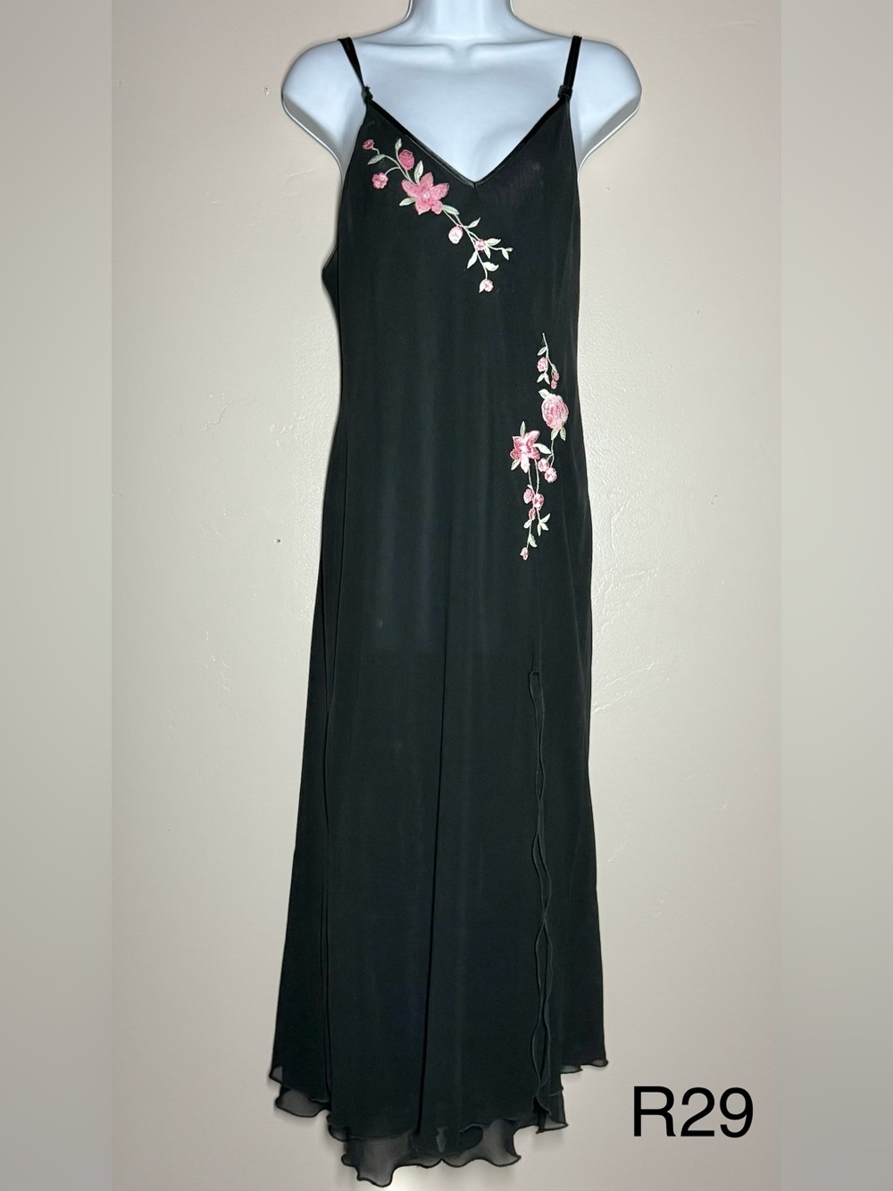 California Dynasty Floral Embroidered Maxi Dress in Black & Pink, Medium, Sheer